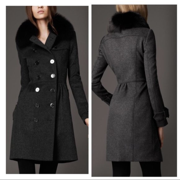 BURBERRY COATBRIDGE DOUBLE-BREASTED WOOL CASHMERE TRENCH COAT FUR COLLAR - Picture 1 of 16